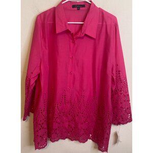NEW Caleoas Plus SIze 2X Fuchsia Pink Eyelet Lace Button Blouse Top Tunic